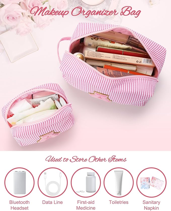 Initial Makeup Bag Cosmetic Bag Bridal Shower Gifts - Bridesmaid Bag,Bridesmaid Proposal Gifts for Wedding Day,Maid Matron of Honor Gift, Bride to be Gifts,Bachelorette Party Favors,2PCS,Pink N