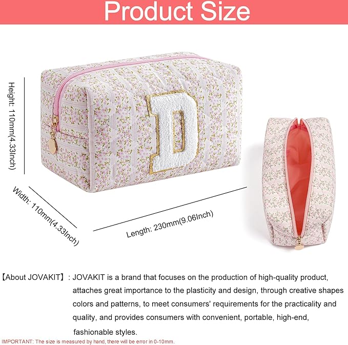 JOVAKIT Makeup Bag Cosmetic Bags for Women, Christmas Gifts for Girls Age 6-18, Alphabet Pink Floral Coquette Zipper Travel Makeup Pouch, Organizer Case Trendy Stuff (Pink Floral D)