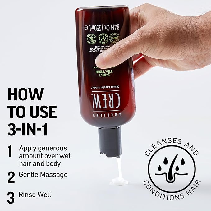 American Crew Shampoo, Conditioner & Body Wash for Men, 3-in-1, Gift for Men, Tea Tree Scent, 15.2 Fl Oz