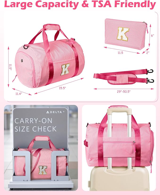 Girly Trendy Stuff, Girls Travel Duffle Bag, Kids Initial Overnight Bags with Shoe Compartment, Personalized Weekend Bag with Makeup Pouch, Gift for 5 6 7 8 9 10 Year Old Kid (Letter V)