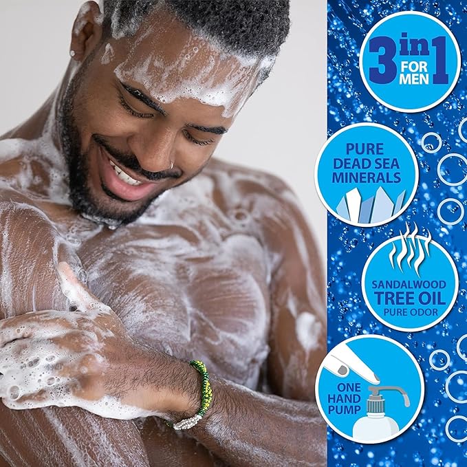 Dead Sea Collection Mens Body Wash 3 in 1 – Sandalwood Body Wash for Men – Shower Gel – Shampoo – Shower Soap for Face and Hair (33.8 Fl. Oz)