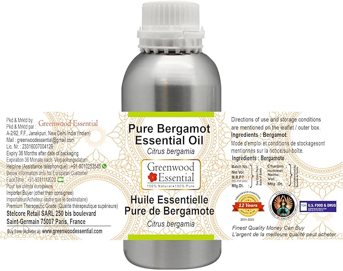 Greenwood Essential Pure Bergamot Essential Oil (Citrus bergamia) Steam Distilled 630ml (21 oz)