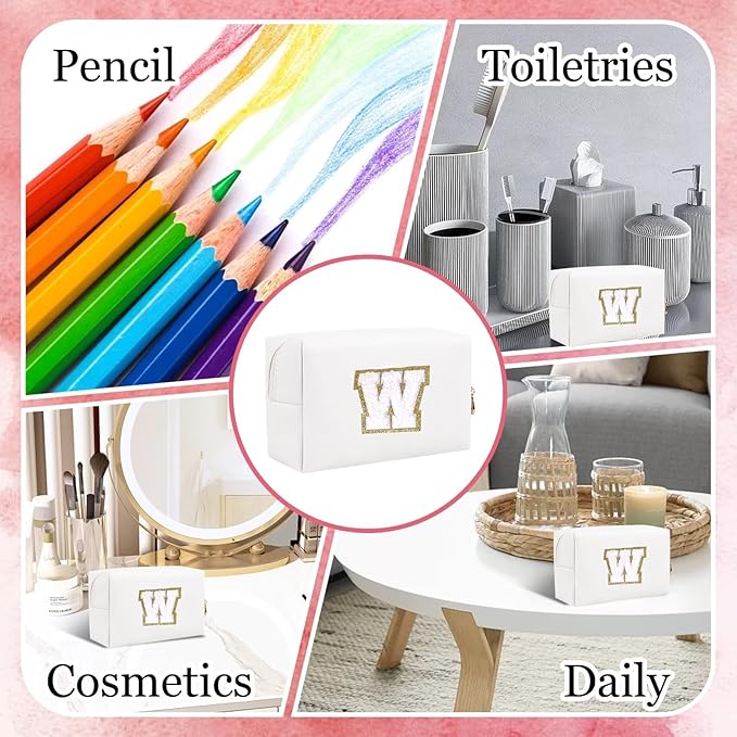 Small Personalized Letter Makeup Bag, Cute PU Leather Chenille Letters Cosmetic Bag Travel Makeup Pouch, Preppy Travel Organizer Zipper Pouch for Women&Girls（White-W）