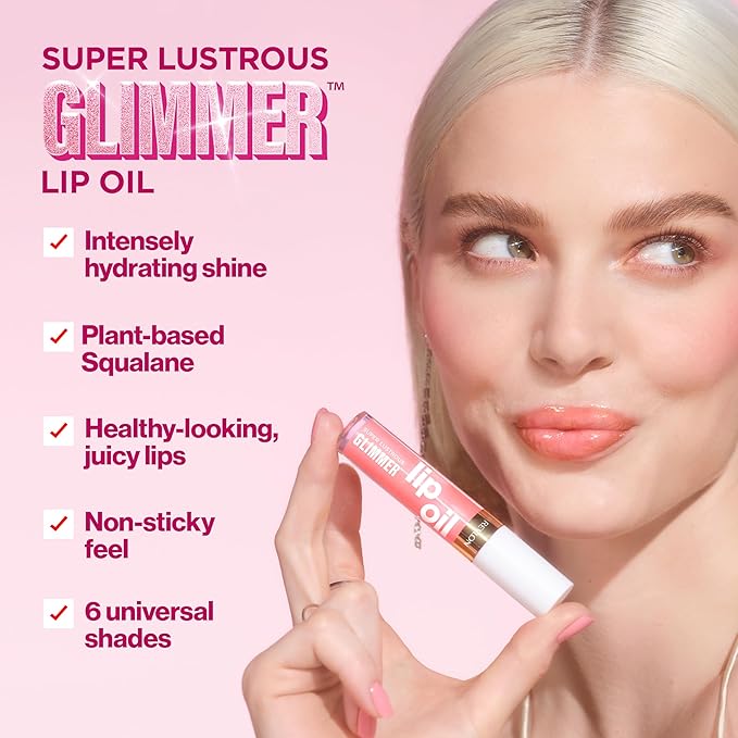 REVLON Super Lustrous Glimmer Lip Oil, Moisturizing & Tinted, Shiny Finish, Made with Plant-Based Squalane, 008 Just Toasty, 0.13 fl oz