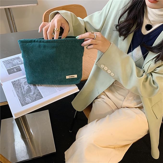 Cosmetic Bags for Women - Corduroy Cosmetic Bag Aesthetic Women Handbags Purses Smile Dots Makeup Organizer Storage Makeup Bag Girls Case Bags (Pure Dark green)