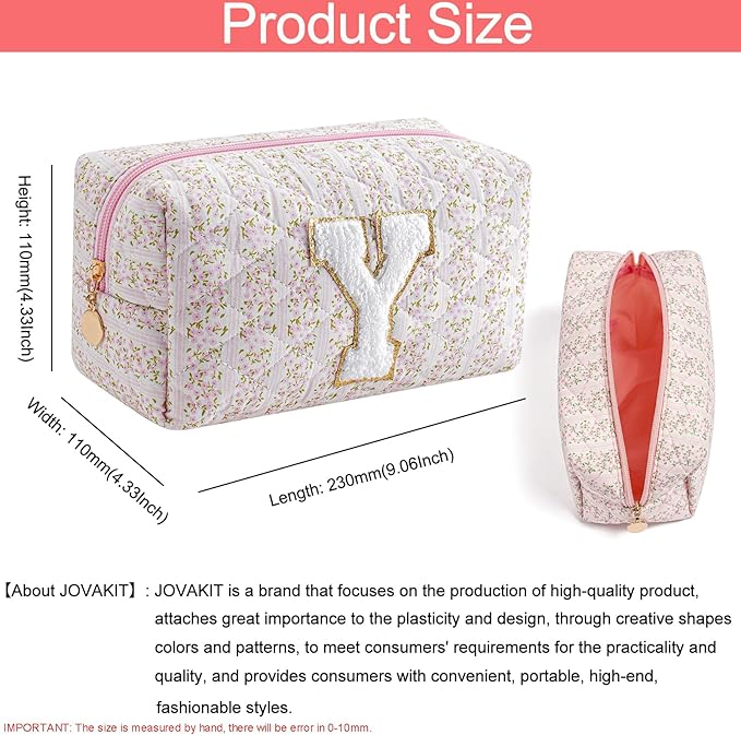 JOVAKIT Alphabet Makeup Bag Cosmetic Bag for Women, Christmas Gifts for Girls Age 6-18, Floral Flowers Coquette Travel Toiletry Zipper Make Up Pouch Organizer Trendy Stuff (Pink Floral Y)