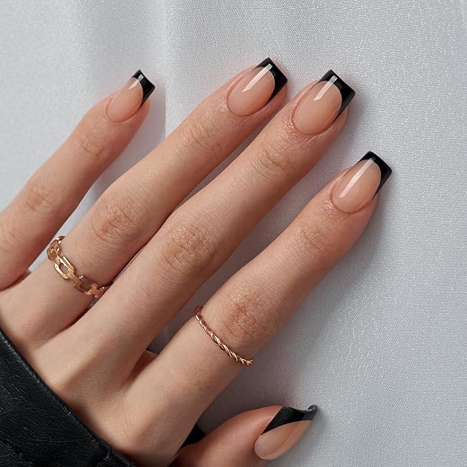 BTArtbox Press on Nails Square - Black French Tip Press On Nails Short, Glue On Nails for Women Gifts, Natural Stick On Nails in 16 Sizes - 32 Fake Nails Kit