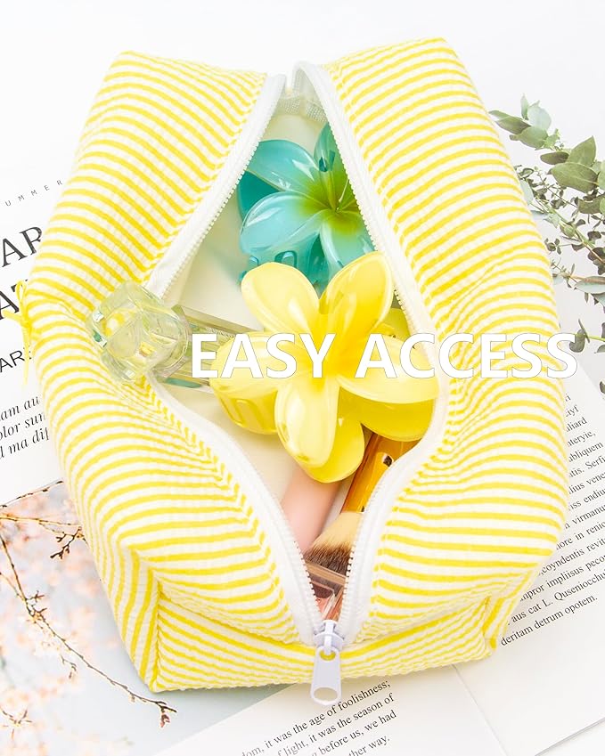 PAZIMIIK Cozy Makeup Bag Small Aesthetic Travel Zipper Cosmetic Pouch for Women Make Up Beauty Accessories Brushes, Stripe Yellow