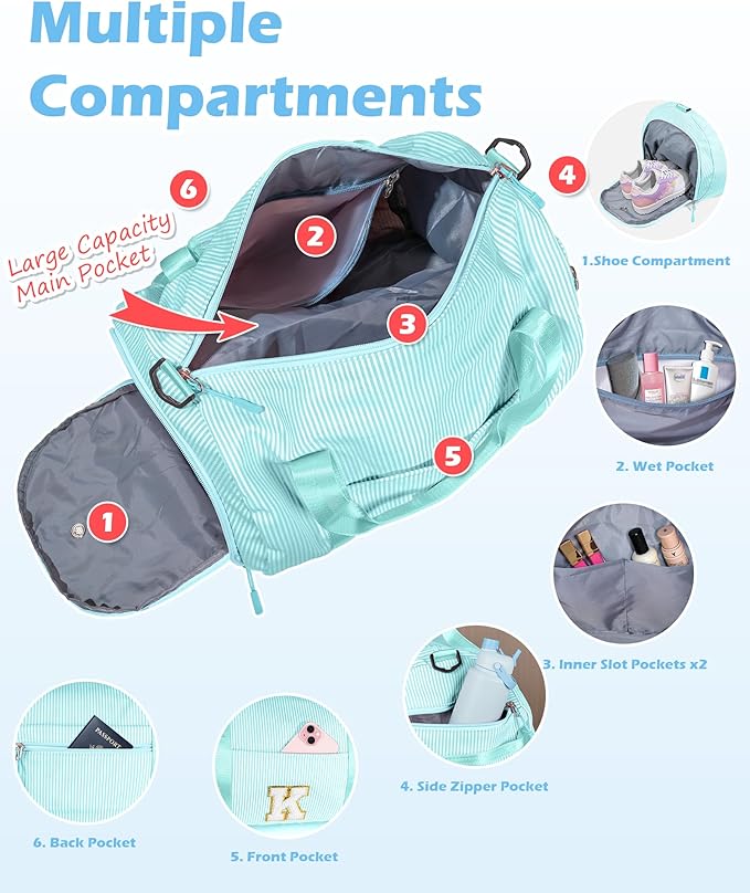 Daughter Birthday Gift, Girls Travel Duffle Bag, Kids Initial Overnight Bags with Shoe Compartment, Personalized Weekend Bag with Cosmetic Pouch, Teen Girl Gifts Trendy Stuff (Letter K)