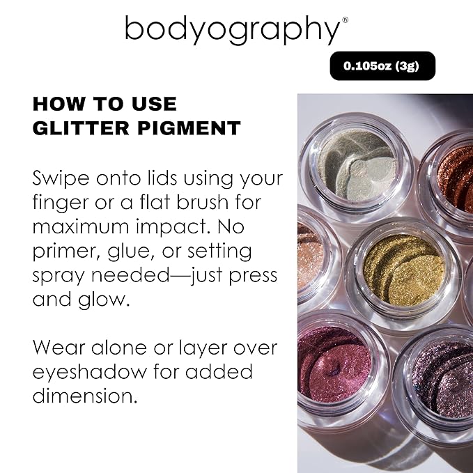 Bodyography Glitter Pigment Eye Shadow | Long Wear Shimmer Eyeshadow | Vegan, Talc & Paraben Free | Cream Powder Formula | Aura Glow (Chrome Lavender) 1.5 g