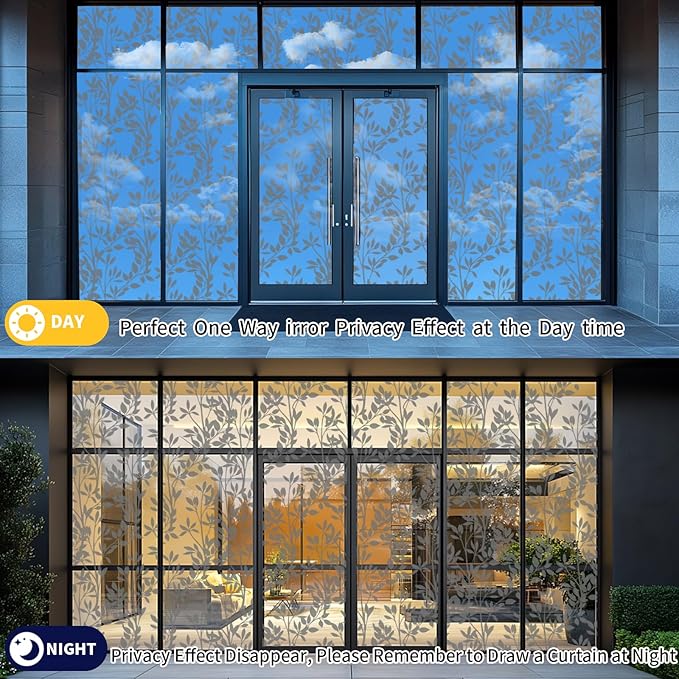 One Way Privacy Film, Window Tint for Home,Daytime Reflective, Anti UV Static Cling Sliding Door Coverings No Glue Garage Solar Paper (Black - Silver-Leaves, 45.27 x 157.4 in)