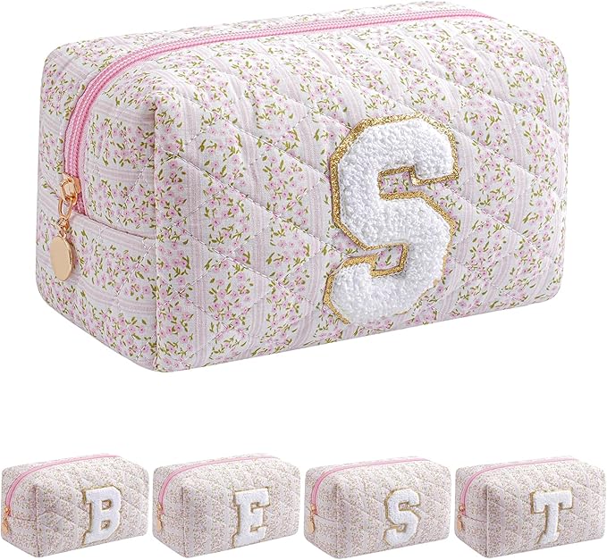 JOVAKIT Alphabet Makeup Bag Cosmetic Bag for Women, Christmas Gifts for Girls Age 6-18, Floral Flowers Coquette Travel Toiletry Zipper Make Up Pouch Organizer Trendy Stuff (Pink Floral S)