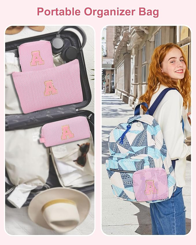 MONSTINA Personalized Initial Makeup Bag for Women,Monogram Make Up Case for Girlfriend Bridesmaid Wife,Birthday Gift for Her Cute Toiletry Bag,3PCS,Pink J