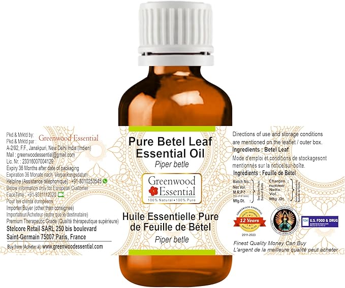 Greenwood Essential Betel Leaf Essential Oil (Piper betle) Pure | Non-Sticky | Non-Greasy | Lightweight | Men & Women | All Skin Types | Steam Distilled 5ml (0.16 oz)