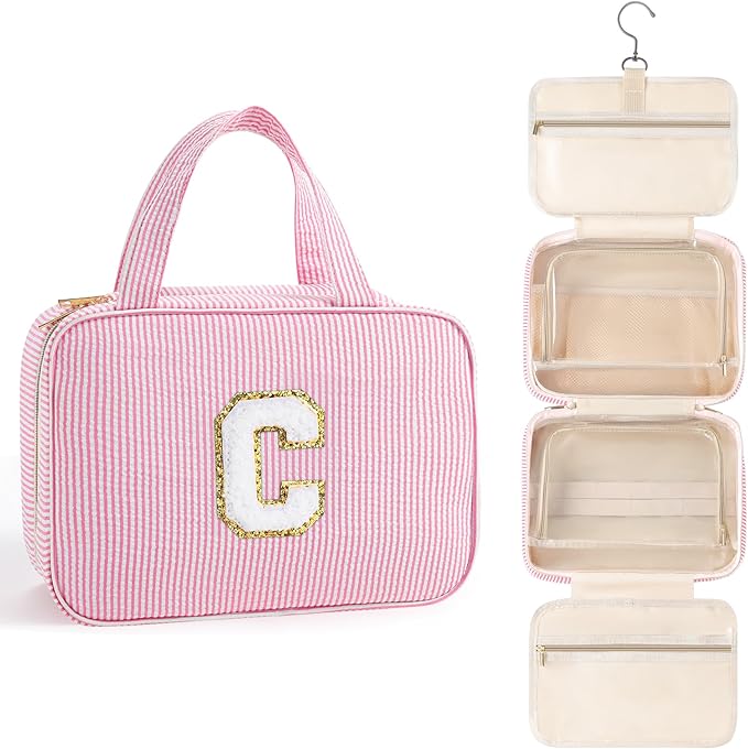 TOPEAST Stocking Stuffers for Teen Girls Christmas Gifts - Travel Hanging Toiletry Bag, Personalized Initial Toiletry Pouch, Gifts for Mom Daughter Sister Friends, Letter C, Pink