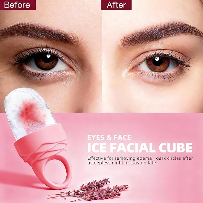 3 Pcs Facial Ice Roller Silicone Mold Reusable for Face Women and Eye Neck Cold Skin Care Tools Freezer De Puff Eyes Bags Reduce Migraine Pain Pink