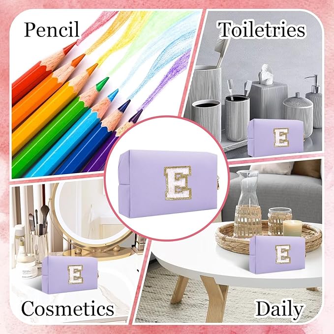 Small Personalized Letter Makeup Bag, Cute PU Leather Chenille Letters Cosmetic Bag Travel Makeup Pouch, Preppy Travel Organizer Zipper Pouch for Women&Girls（Purple-E）