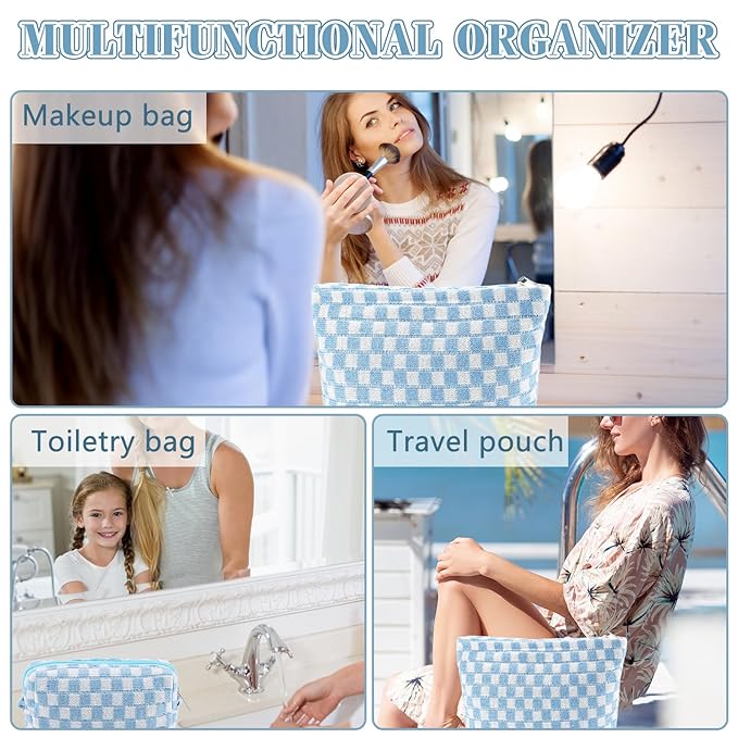 ZLFSRQ 3Pcs Checkered Makeup Bag for Women Large Small Checkered Cosmetic Bag Set Aesthetic Preppy Pencil Case Cute Pencil Pouch Blue Makeup Pouch for Purse Travel Toiletry Bags Zipper Skincare Bags