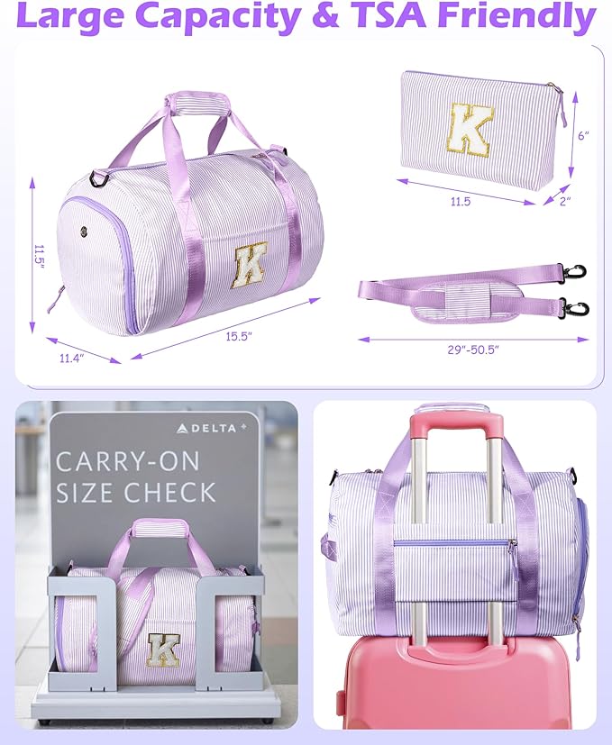 Gift for 4 Year Old Girl, Girls Travel Duffle Bag, Kids Initial Overnight Duffel Bags with Shoe Compartment, Personalized Dance Bag with Cosmetic Pouch, Preppy Stuff (Letter C)