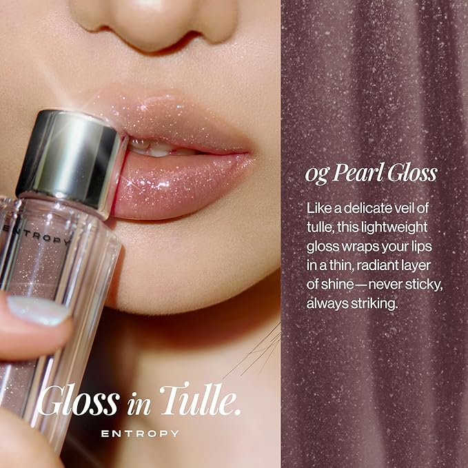 ENTROPY MAKEUP Tulle Lip Gloss, Lightweight 3D Pearl Shimmer, Ultra-Gloss High Shine, Non-Sticky Moisturizing Lip Gloss with Peptide Complex, Slip