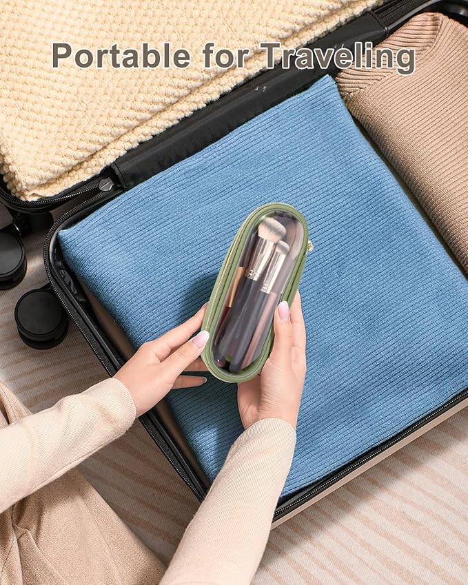 Clear Travel Makeup Brush Holder, Leather Makeup Brush Toiletry Bag, Portable Cosmetic Brush Case, Transparent Waterproof Makeup Brush Storage Bag, Green