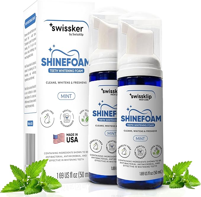 Swissklip ShineFoam | Teeth Whitening Foam | Mint Flavor Whitening Toothpaste | Teeth Whitener I Professional Teeth Whitening Kit | 100% Vegan - Made in USA - 1.69 oz - Pack 2