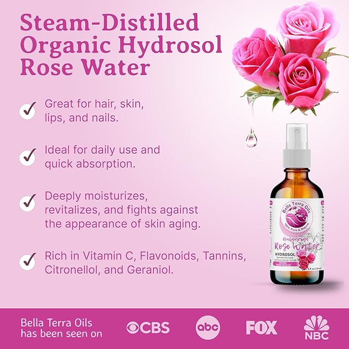 Bella Terra Oils - Organic Rose Water Spray 4oz - Dive into the Elixir of Rose Hydrosol, Gentle on Skin, Luxurious Rosewater Toner Face Experience