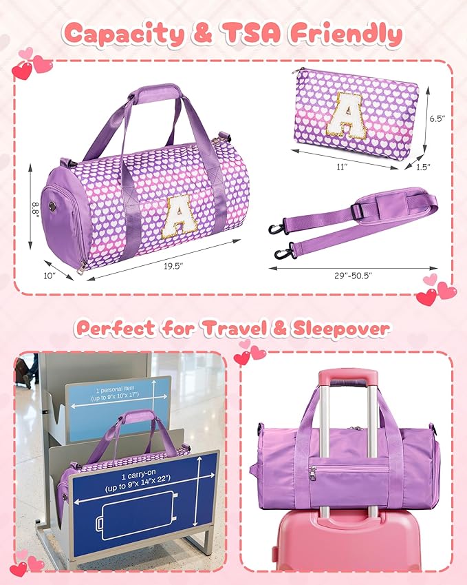 Cheer Up Gifts for Kid, Girls Travel Duffel Bag, Kids Initial Overnight Bags with Shoe Compartment, Personalized Gym Ballet Dance Bag with Makeup Pouch, Birthday Gift Ideas (Letter R)
