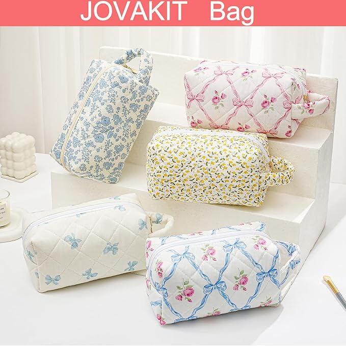 JOVAKIT Travel Makeup Bag Cosmetic Bag for Women, Christmas Gifts, Small Floral Flowers Coquette Toiletry Bag with Handle, Zipper Make Up Pouch Organizer Bag Trendy Stuff (Blue Bow Tie)
