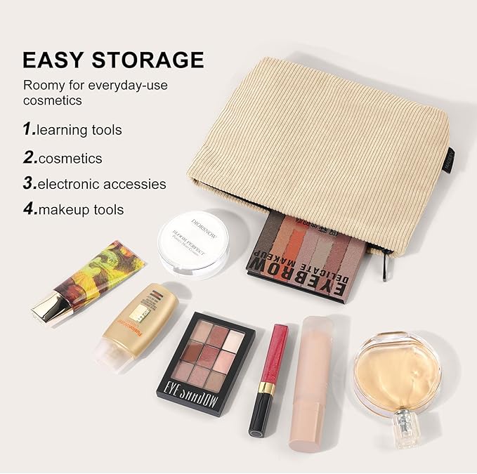MAGEFY Small Makeup Bag, 2 PCS Corduroy Make up Bag for Purse Large Capacity Travel Cosmetic Bag for Women Zipper Makeup Pouch for Travelling Preppy Stuff - Beige