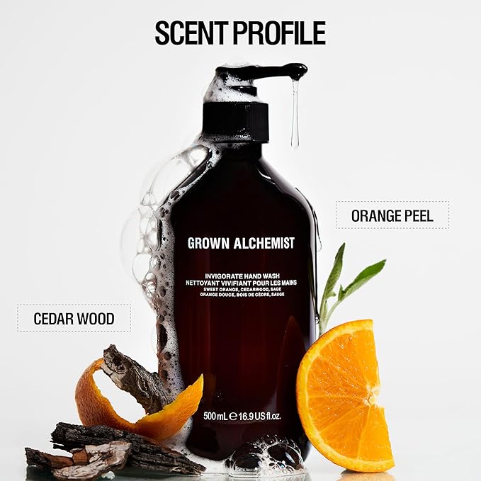 Grown Alchemist Invigorate Hand Wash + Refill Set – Liquid Hand Soap with Aloe, Sweet Orange, Cedarwood & Sage – Gentle, Moisturizing Kitchen & Bathroom Soap, Natural Plant Based Gel Cleanser