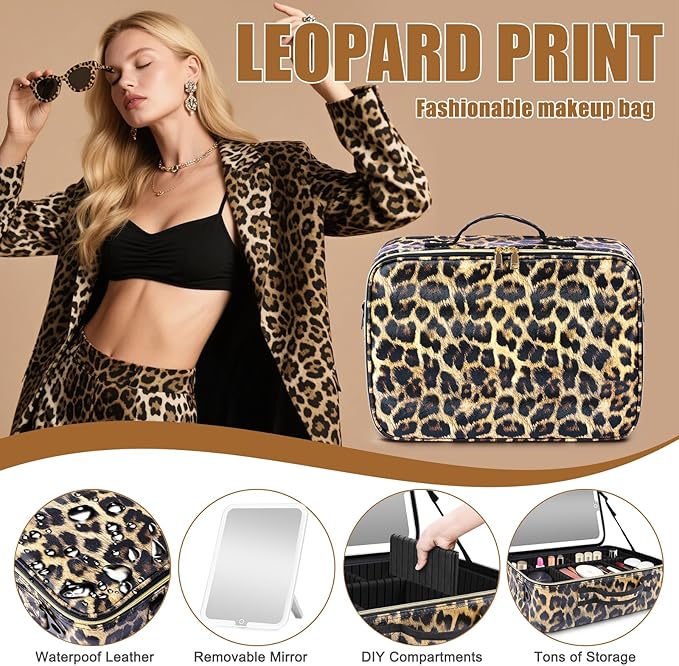 15''X11'' Large Makeup Bag with Removable Lighted Mirror, Professional Travel Make up Bag with Mirror and Light Cosmetic Train Case Organizer, PU Leather with Adjustable Dividers & Brush Storage Board