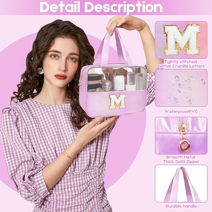 Personalized Initial A Clear Purple Makeup Bag - Large Travel Toiletry Bag, Cute Cosmetic Organizer Set for Girlfriend, Teacher, Teen Girl Gifts