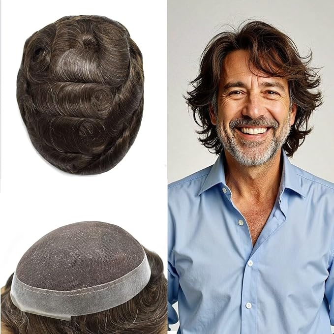 FACE MIRACLE Mens Toupee Lace Front Hairpieces Soft Human Hair Replacement System Natural Hairline Toupee for Men French Lace Poly V-Looped Mens hair Units 7"X9" #310 Dark Brown with 10% Gray