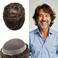 FACE MIRACLE Mens Toupee Lace Front Hairpieces Soft Human Hair Replacement System Natural Hairline Toupee for Men French Lace Poly V-Looped Mens hair Units 7"X9" #310 Dark Brown with 10% Gray
