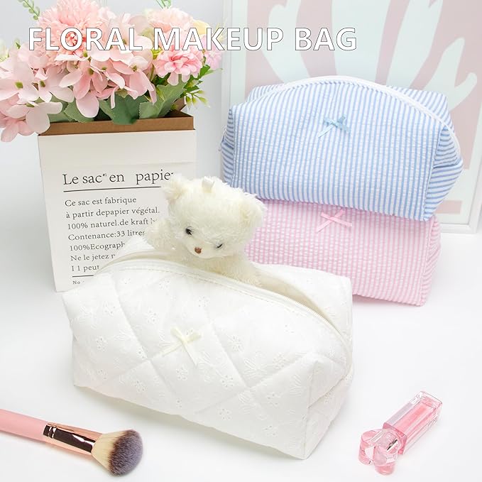 PAZIMIIK 2PCS Cozy Makeup Bag Travel Cosmetic Bag for Women Soft Toiletry Bag Aesthetic Makeup Organizer Portable Large Zipper Pouch for Skincare Beauty Accessories Brushes Embroidery White