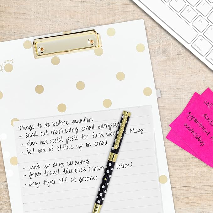 Kate Spade New York A4 Clipboard Folio with Low Profile Clip, Professional Padfolio Includes Lined Notepad, Pen Loop, and Pocket, Gold Dot with Script