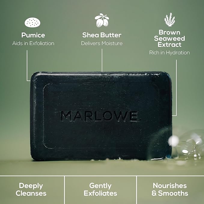 MARLOWE. No. 106 Charcoal Soap 7 oz, Body Bar Soap for Men, Cleansing, Purifying & Hydrating with Natural Extracts, Shea Butter, Olive Oil & Green Tea Extracts, Fresh Woodsy Scent