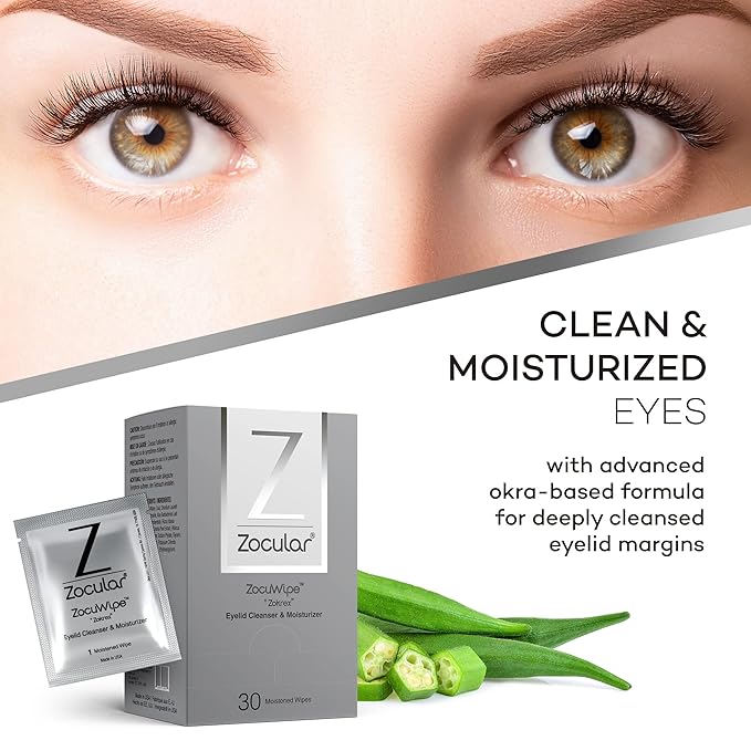 Zocuwipe Eyelid Wipes with Natural Okra Complex - Eyelid Cleanser and Moisturizer Pads for Irritated, Red Eyes from Dry Eye, Blepharitis 30ct
