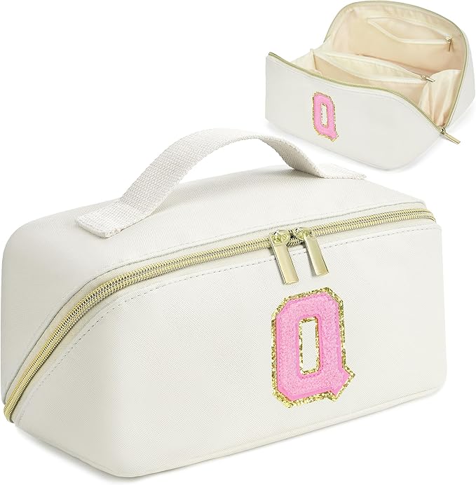 for Christmas Day Gifts, Makeup Bag for Women, PU Leather Travel Toiletry Bags, Initial Make Up Cosmetic Pouch for Teen Girls, Wide Open Portable Skincare Bag, Personalized Birthday Gifts, White Q