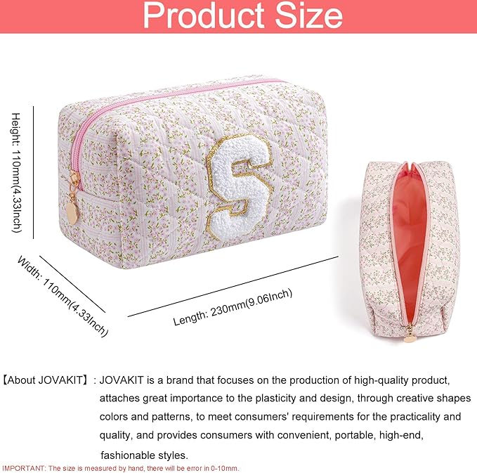 JOVAKIT Alphabet Makeup Bag Cosmetic Bag for Women, Christmas Gifts for Girls Age 6-18, Floral Flowers Coquette Travel Toiletry Zipper Make Up Pouch Organizer Trendy Stuff (Pink Floral S)