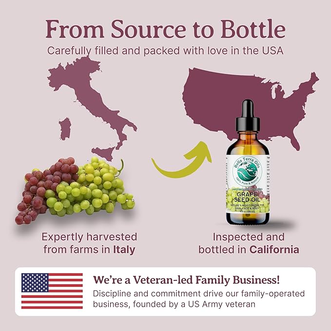 Bella Terra Oils - Organic Grape Seed Oil 4 oz - Embrace the Richness of Polyphenols & Flavonoids, Infused with Oleic Acid, For a Silky-Smooth Skin Finish