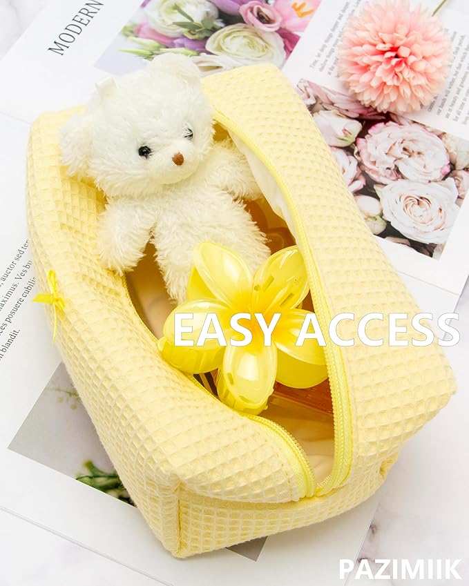 PAZIMIIK 2PCS Cozy Makeup Bag Travel Cosmetic Bag for Women Soft Toiletry Bag Aesthetic Makeup Organizer Portable Large Zipper Pouch for Skincare Beauty Accessories Brushes Waffle Check Yellow
