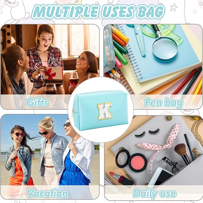 Gifts for Girls Initial Makeup Bag Personalized Cosmetic Bag with Zipper Cute Travel Toiletry Bag Waterproof PU Preppy Makeup Pouch Birthday Gift for Teen Girls Women(Blue K)
