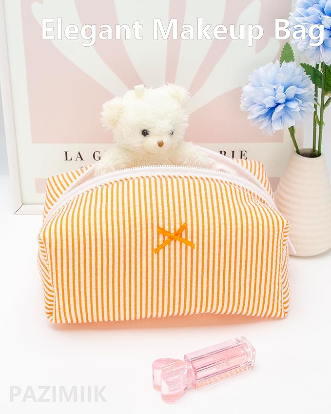 PAZIMIIK Cozy Makeup Bag Small Aesthetic Travel Zipper Cosmetic Pouch for Women Make Up Beauty Accessories Brushes, Stripe Orange