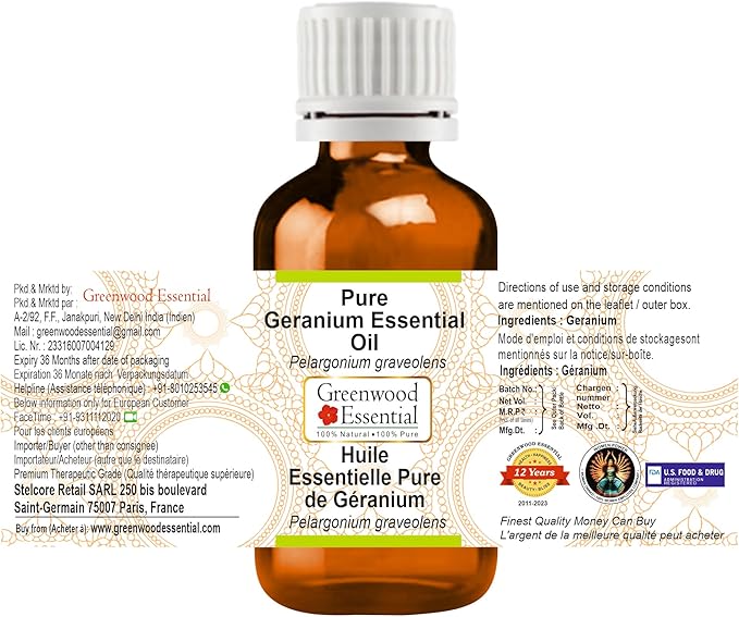 Greenwood Essential Pure Geranium Essential Oil (Pelargonium graveolens) Steam Distilled (Pack of Two) 100ml X 2 (6.76 oz)
