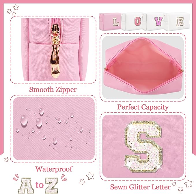 Personalized Initial Letter Makeup Bag, Small Glitter Letter Patch Cosmetic Pouch Zipper, Preppy Makeup Organizer PU Waterproof Travel Toiletry Bag, Monogrammed Birthday Gift for Women Girls