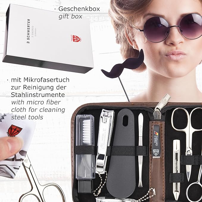 3 Swords Germany - brand quality 10 piece manicure pedicure grooming kit set for professional finger & toe nail care tweezers file clipper fashion leather case in gift box, Made by 3 Swords (01610)