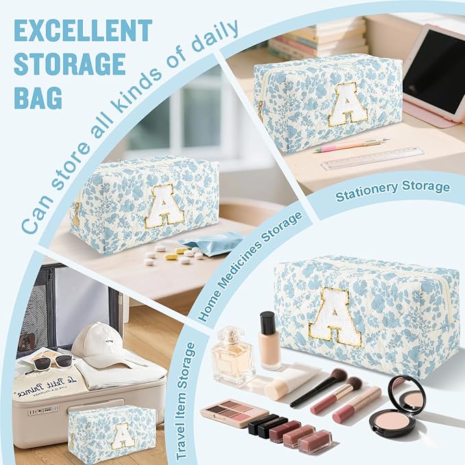Personalized Quilted Cosmetic Bag, Puffy Monogrammed Christmas Birthday Gifts for Women & Girls, Cute initial Floral Makeup Bag Puffer Coquette Bag, Aesthetic Travel Toiletry Zipper Pouch(Blue,A)