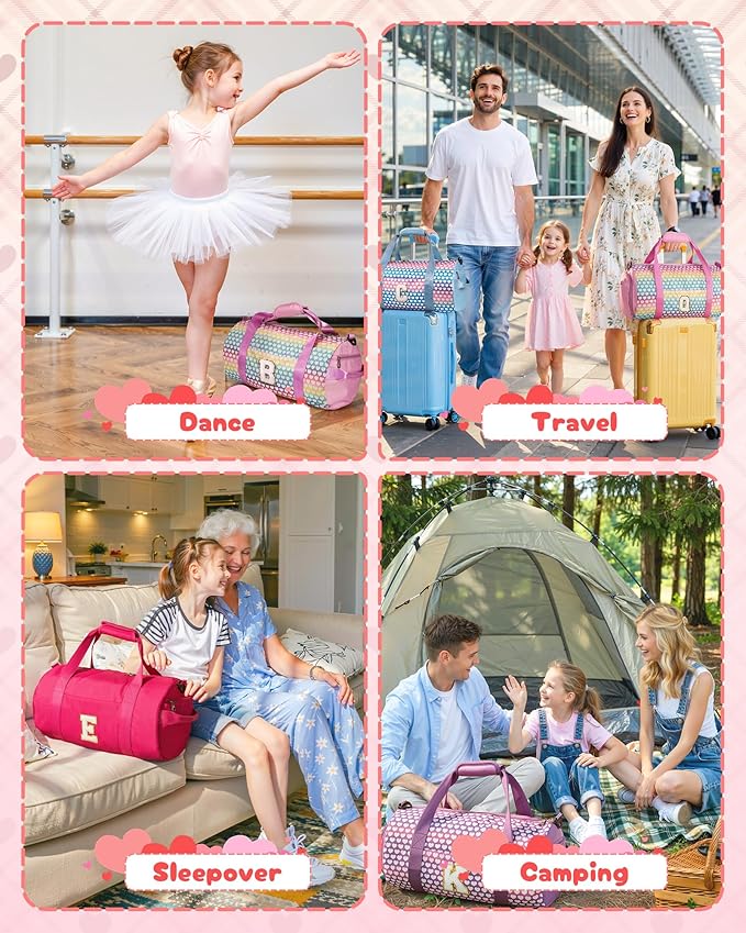 5 Year Old Girl Birthday Gifts, Girls Travel Duffel Bag, Kids Initial Overnight Bags with Shoe Compartment, Customized Sport Gym Weekender Bag with Makeup Pouch, Holiday Gift (Letter I)